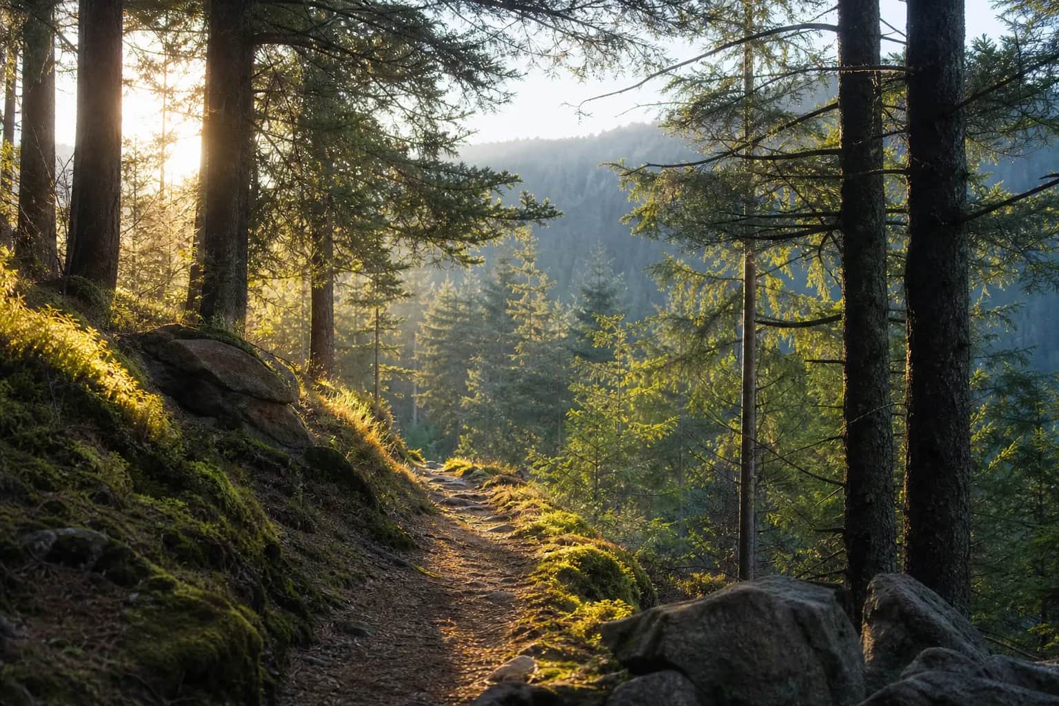 Sonnenbeschienener Waldweg im Pfälzerwald