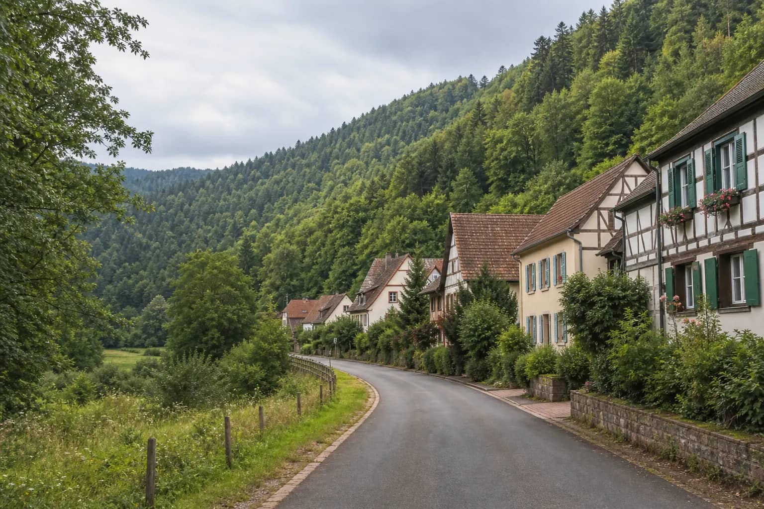 Dorfstraße durch ein Waldtal in der Pfalz